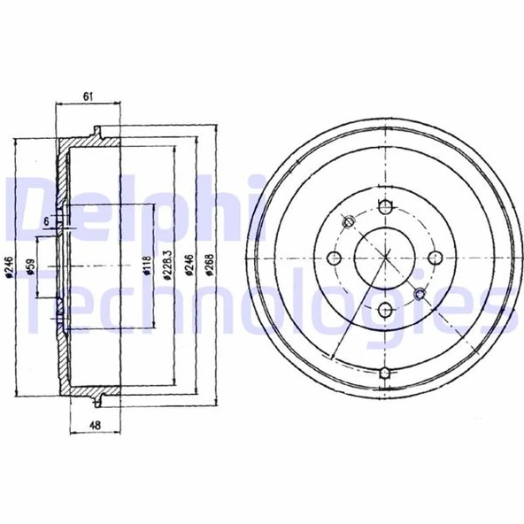 DELPHI BF379 ARKA FREN KAMPANASI FIAT ALBEA 00> DOBLO 01> FIORINO 09> LINEA 09> MAREA 00> TEMPRA 92>96 TIPO 90>95 UNO 98>06 PEUGEOT BIPPER 08> CITROEN NEMO 08> 228.2 mm 4 Delik 60814839-7769850-4247.5 ürün görseli 1