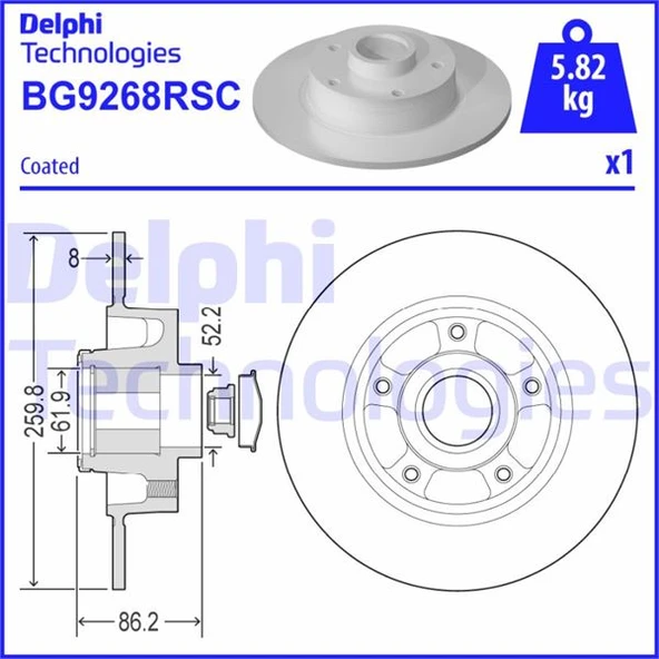 DELPHI BG9268RSC ARKA FREN DİSKİ RENAULT MEGANE IV 15> DIŞ CAP: 260 MM K:86 MM 5 DELİK ABS SENSÖRLÜ RULMANLI 432027412R-432000185R-432006609R ürün görseli 1