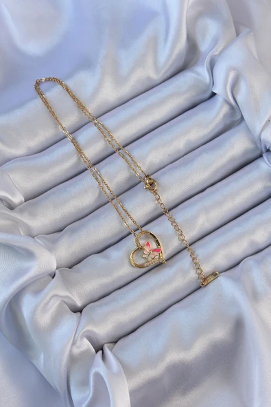 316L Çelik Zincir Altın Renk Mineli Kelebek Figür Zirkon Taşlı Kalp Kolye - TJ-BKO9107 - Resim 2