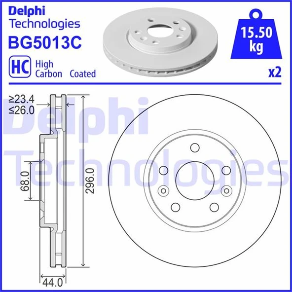 DELPHI BG5013C ÖN FREN DİSKİ RENAULT MEGANE IV 15> TALISMAN 15> DIŞ ÇAP:296MM K:26MM Y:44MM 5 DELİK 402062000R ürün görseli 1