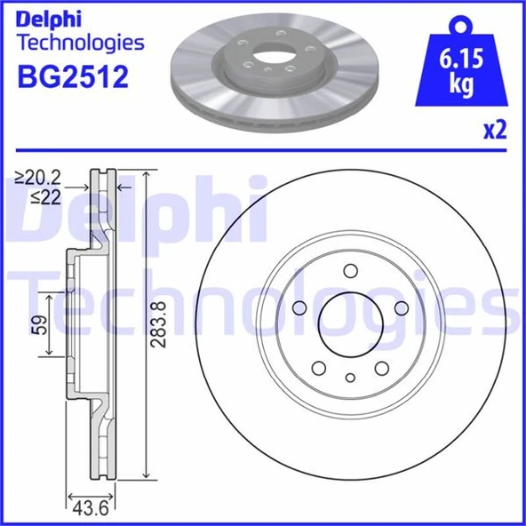 DELPHI BG2512 ÖN FREN AYNASI OPEL COMBO D 12> FIAT DOBLO 10> EGEA 16> ALFA ROMEO 147 01> 156 97>05 284 x 22 5 DELİK HAVALI 95515331-569095-52119576-46445006 ürün görseli 1