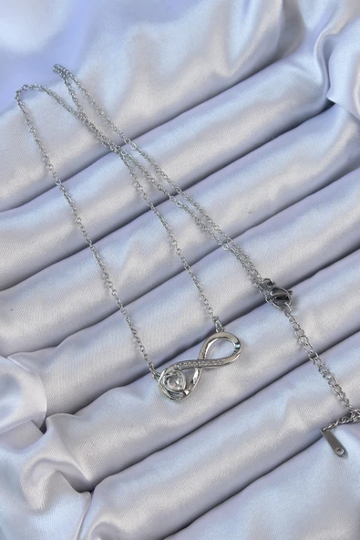 316L Çelik Zincir Gümüş Renk Zirkon Taşlı Minimal Kalp Figür Sonsuzluk Kolye - TJ-BKO9110 - Resim 2