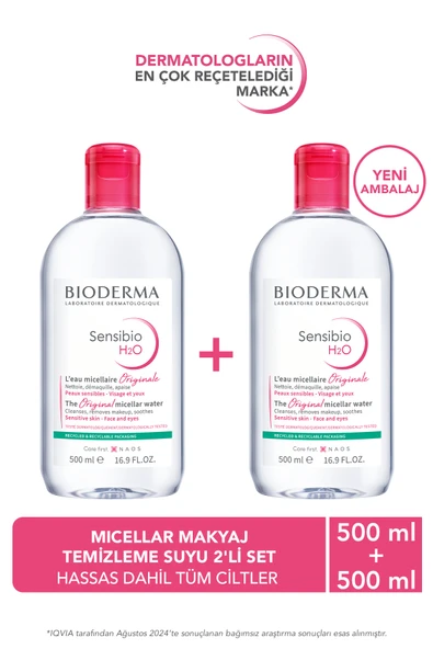 BİODERMA Sensibio H2O Micellar Makyaj Temizleme Suyu 2'li Set Hassas ve Tüm Ciltler Yüz ve Göz Çevresi 500 ml