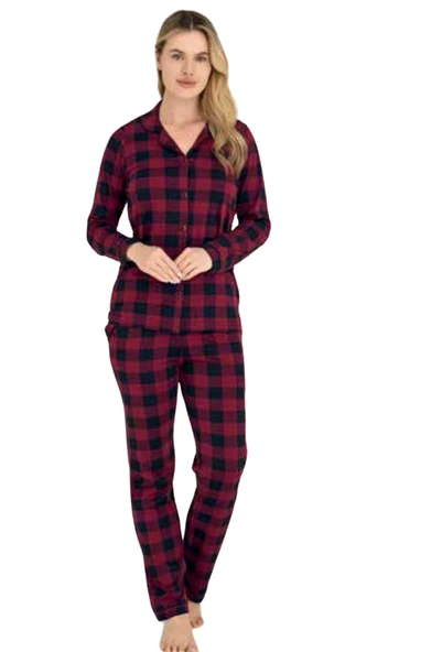 KLY Kadın Kareli Önden Düğmeli Mürdüm Kışlık Pijama 9205 ürün görseli