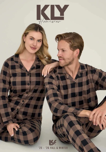 KLY Kadın Kareli Önden Düğmeli Mürdüm Kışlık Pijama 9205 - Resim 2