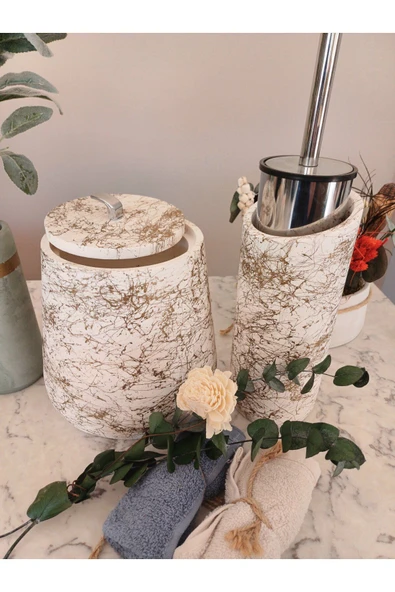 4 Parça El Yapımı Doğaltaş Beton Banyo Seti Tuvalet Fırçalığı Çöp Kovası Kapaklı Kutu Ve Vazo Seti - Resim 3