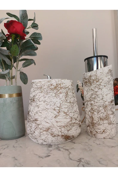 4 Parça El Yapımı Doğaltaş Beton Banyo Seti Tuvalet Fırçalığı Çöp Kovası Kapaklı Kutu Ve Vazo Seti - Resim 5