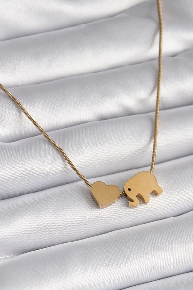 316L Çelik Gold Renk Fil Kalp Figürlü Kadın Kolye - TJ-BKO9421 ürün görseli