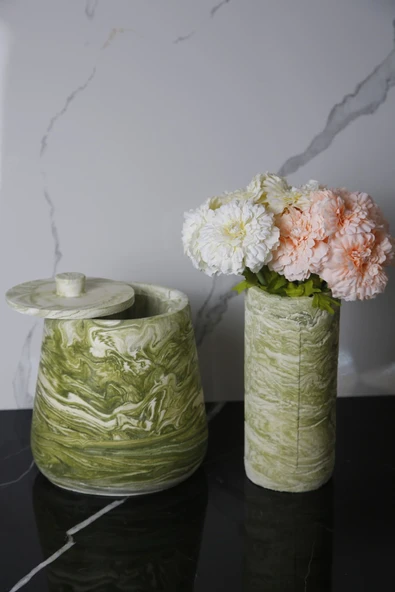 4 Parça El Yapımı Doğaltaş Beton Banyo Seti Tuvalet Fırçalığı Çöp Kovası Kapaklı Kutu Ve Vazo Seti - Resim 2