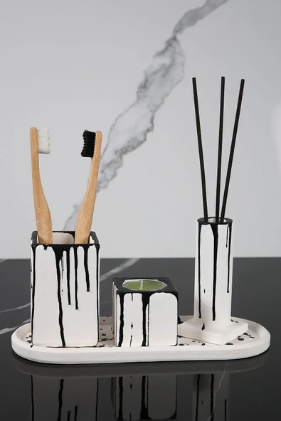 4 Parça Beton Banyo Seti Diş Fırçalık Mumluk Tütsülük Tepsi ürün görseli 1