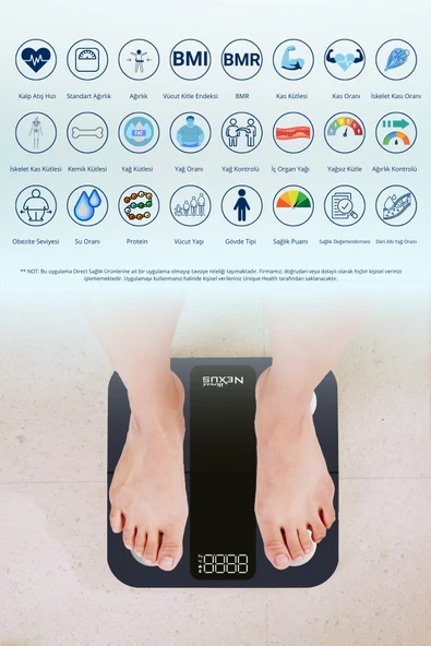 DİRECT NEXUS Vücut Kitle Indeksi Ölçüm Baskülü Dijital Lcd Ekranlı Akıllı Telefon Bağlantılı Ve Hassas Tartı - Resim 5