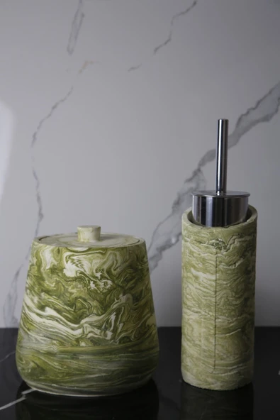 4 Parça El Yapımı Doğaltaş Beton Banyo Seti Tuvalet Fırçalığı Çöp Kovası Kapaklı Kutu Ve Vazo Seti ürün görseli 1