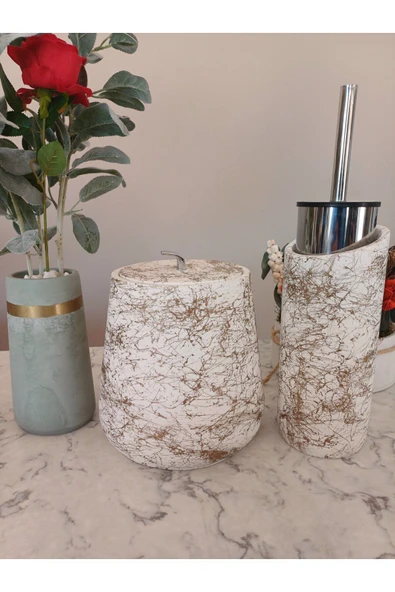 4 Parça El Yapımı Doğaltaş Beton Banyo Seti Tuvalet Fırçalığı Çöp Kovası Kapaklı Kutu Ve Vazo Seti - Resim 6