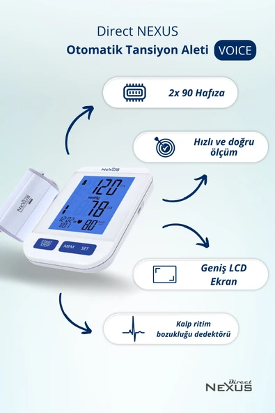 DİRECT NEXUS Konuşan Otomatik Koldan Tansiyon Aleti Dijital Ekranlı Kolay Kullanım Ve Hassas Ölçüm Özellikli - Resim 2