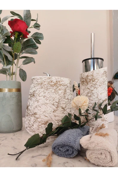 4 Parça El Yapımı Doğaltaş Beton Banyo Seti Tuvalet Fırçalığı Çöp Kovası Kapaklı Kutu Ve Vazo Seti - Resim 4