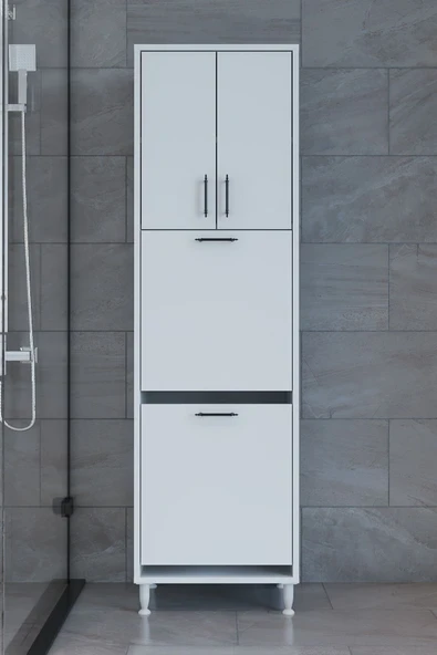 makbulce Nergiz Beyaz ve Renkli Kirli Çamaşır Sepetli Çok Amaçlı Banyo Dolabı - Resim 5