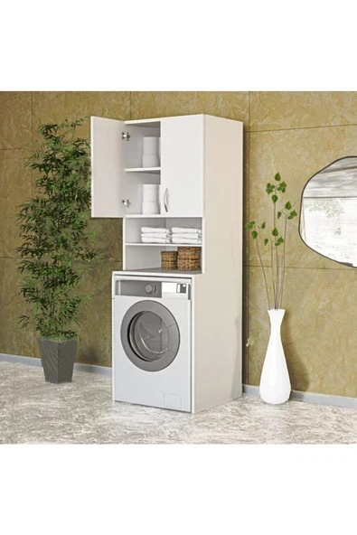 Makbulce Papatya Çamaşır Makinesi Dolabı, Banyo Dolabı, 4 Raflı, Kapaklı, Beyaz Dolap