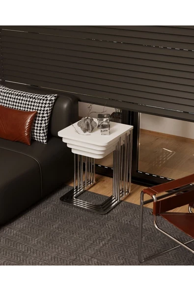 Makbulce Ceylin 4Lü Zigon Sehpa Mdf Tekerlekli Gümüş Ayak Beyaz - Resim 5