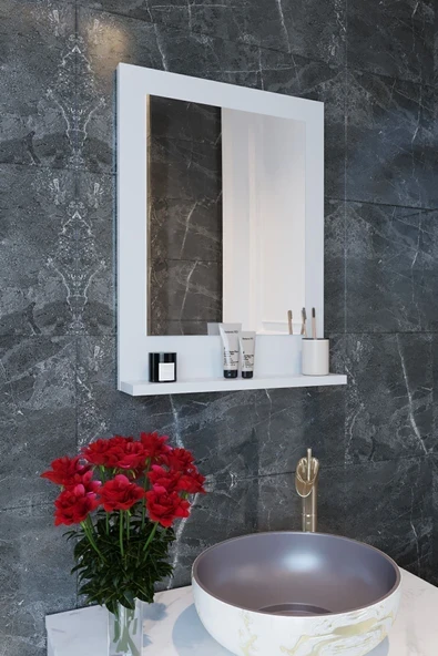 makbulce Safir Banyo Aynası, Dresuar,60x45 Beyaz Raflı Banyo Aynası - Resim 3