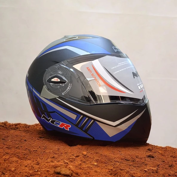 NCR-158 ÇENE AÇILIR GÖZLÜKLÜ E-CE BELGELİ KASK MAVİ GRAFİK - Resim 4