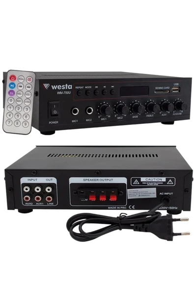Westa WM-750U 80 Watt 100V-70V Mini 4-16 Ohm USB-SD-Bluetooth 2 Mikrofon Girişli Trafolu Anfi - Resim 3