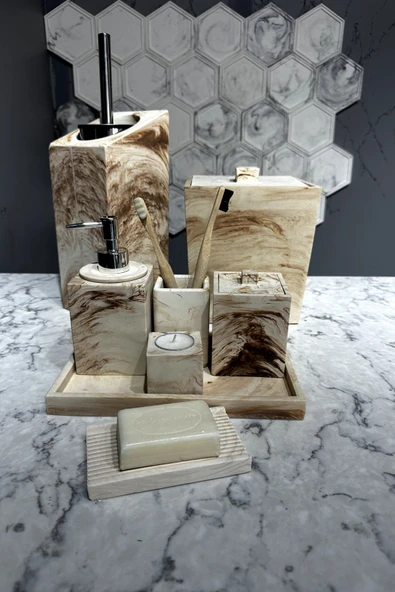 11 Parça Mermer Desenli Beton Banyo Seti Katı Sıvı Sabunluk Mumluk Pamukluk Çöp Kovası Tepsi - Resim 3