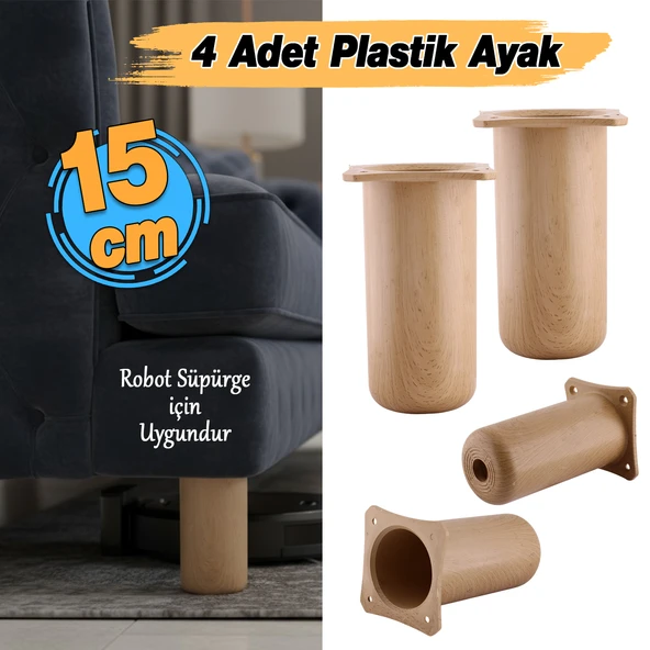 ( 4 Adet ) Plastik Liva Kayın Beji 15 cm Mobilya Kanepe Koltuk Yatak Baza Yükseltme Ayağı Ayakları - Resim 2