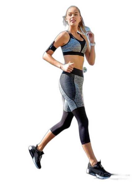 Yeni İnci Kadın Gri Kapri Sporcu Tayt Alt Üst Takım 140-T24