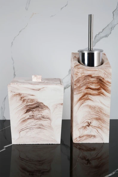 4 Parça Mermer Desenli Beton Banyo Seti Tuvalet Fırçalığı Ve Fırçası Çöp Kovası - Resim 4