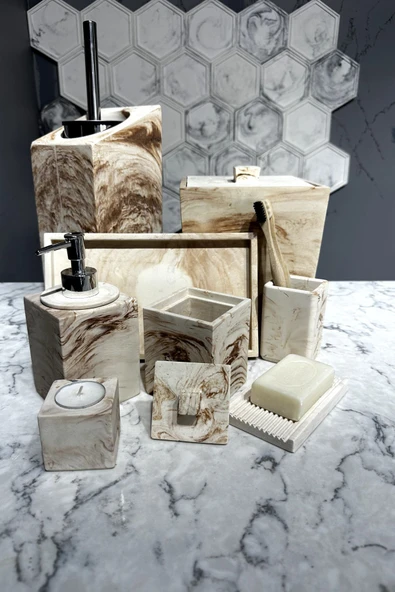 11 Parça Mermer Desenli Beton Banyo Seti Katı Sıvı Sabunluk Mumluk Pamukluk Çöp Kovası Tepsi - Resim 2