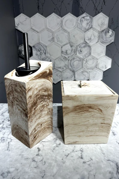 4 Parça Mermer Desenli Beton Banyo Seti Tuvalet Fırçalığı Ve Fırçası Çöp Kovası - Resim 2