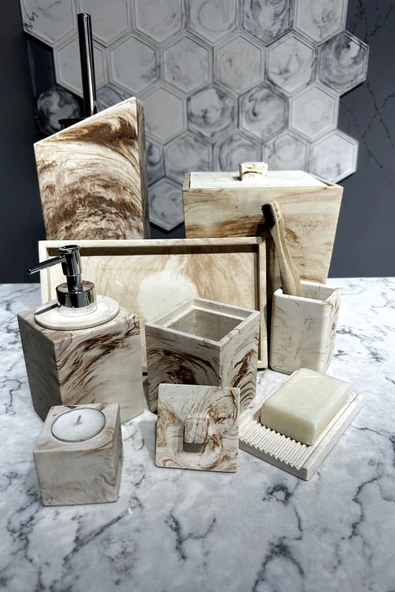 11 Parça Mermer Desenli Beton Banyo Seti Katı Sıvı Sabunluk Mumluk Pamukluk Çöp Kovası Tepsi ürün görseli 1