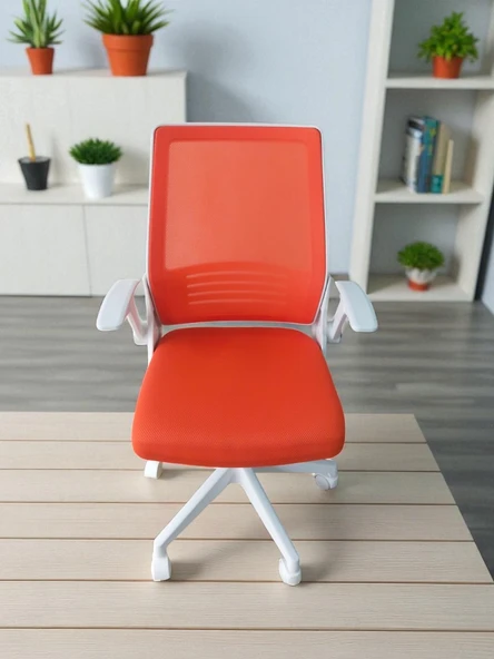 Katlanır Kollu Çalışma Sandalyesi MONTAJLI Ofis ve Bilgisayar Koltuğu Beyaz Kol Turuncu Kumaş