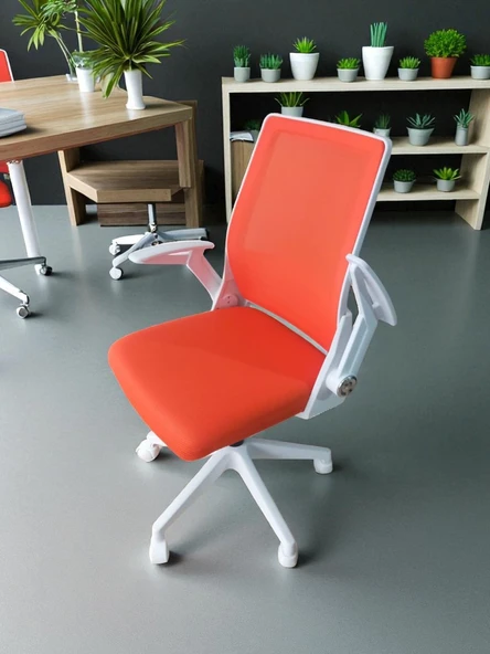 Katlanır Kollu Çalışma Sandalyesi MONTAJLI Ofis ve Bilgisayar Koltuğu Beyaz Kol Turuncu Kumaş - 3