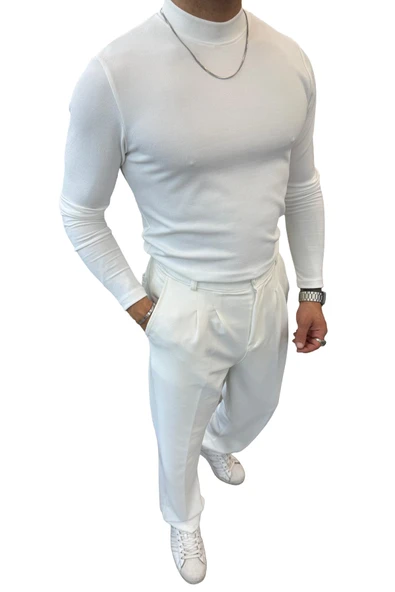 Yarım Balıkçı Pamuk Örme Likralı Esnek Rahat Kumaş Pileli Pantolonlu Takım