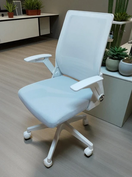 Yağmur Ofis Katlanır Kollu Çalışma Sandalyesi MONTAJLI Ofis ve Bilgisayar Koltuğu Beyaz Kol Beyaz Kumaş