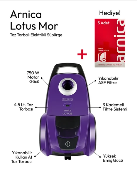 ARNİCA LOTUS ET14260 750W TOZ TORBALI ELEKTRIKLI SÜPÜRGE MOR + TOZ TORBASI HEDİYELİ ürün görseli 1