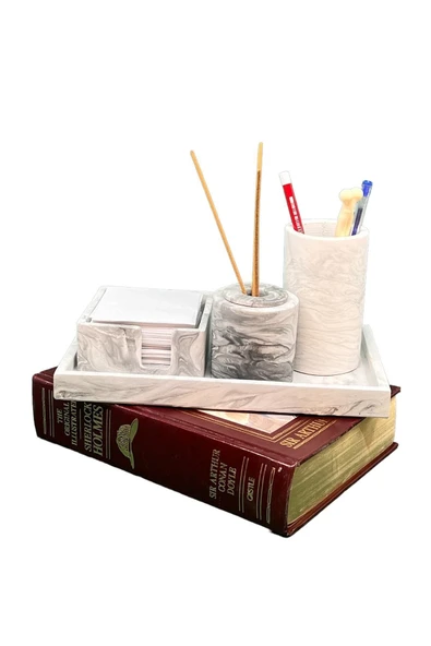 Mermer Desenli 4 Parça Ofis Seti Kalemlik Notluk Kokuluk Tepsi Organizer Set - 1