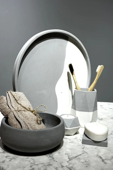 5 Parça Beton Banyo Wc Seti Takımı Sunum Tepsisi Diş Fırçalığı Havluluk Mumluk Katı Sabunluk - 1