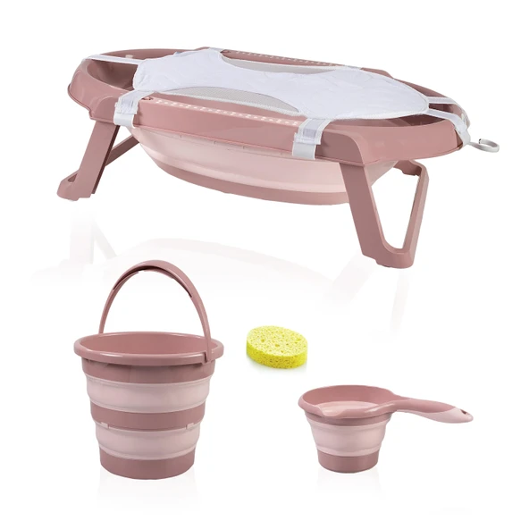 Babyjem 5 Parça Bebek Katlanır Küvet Seti Somon (Havlu Fileli)