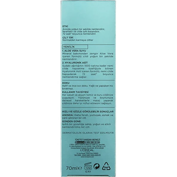 Loreal Paris Nem Terapisi Aloe Vera Suyu Normalden Karmaya Ciltler Için Su Bazlı Günlük Bakım - Resim 4