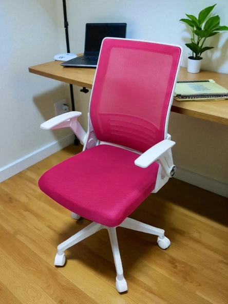 Yağmur Ofis Katlanır Kollu Çalışma Sandalyesi MONTAJLI Ofis ve Bilgisayar Koltuğu Beyaz Kol Fuşya Kumaş