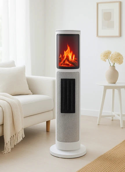 Hoogar German 2075 L White Oben Seri OLED Şömineli Ekran Dijital Kule Tipi Seramik Fanlı Isıtıcı