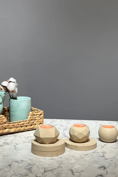 6 Parça Mumluk Seti Beton Tepsili 3'lü Tealight Mumluk Takımı - 2