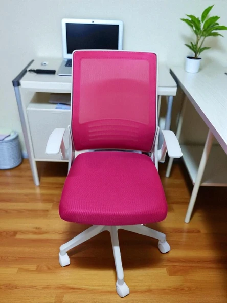 Yağmur Ofis Katlanır Kollu Çalışma Sandalyesi MONTAJLI Ofis ve Bilgisayar Koltuğu Beyaz Kol Fuşya Kumaş - 3