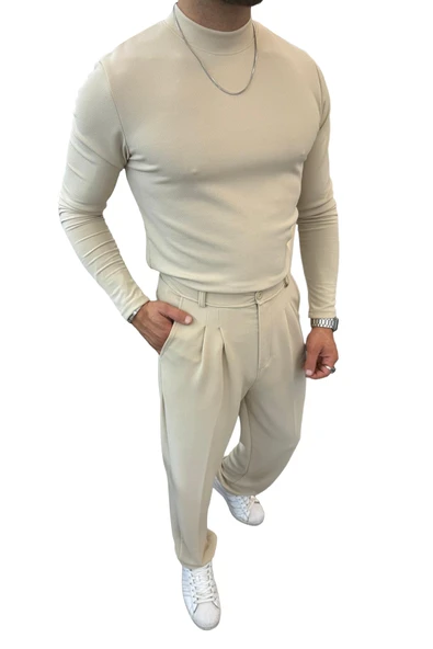 Yarım Balıkçı Pamuk Örme Likralı Esnek Rahat Kumaş Pileli Pantolonlu Takım - 4