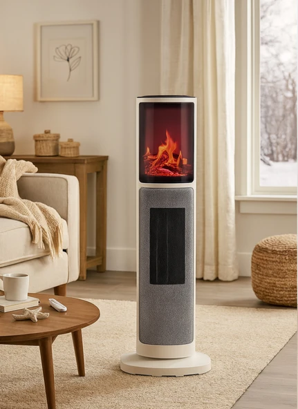 Hoogar German 2075 L White Oben Seri OLED Şömineli Ekran Dijital Kule Tipi Seramik Fanlı Isıtıcı - 2