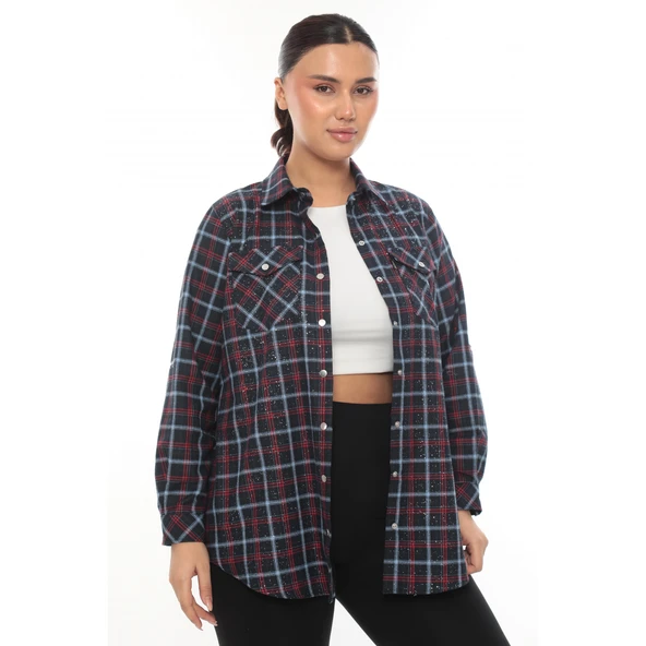 Büyük Beden Ekose Desenli Simli Rahat Kalıp Kadın Gömlek ürün görseli