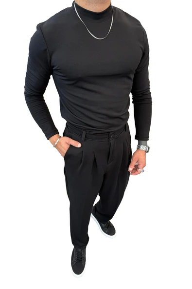 Yarım Balıkçı Pamuk Örme Likralı Esnek Rahat Kumaş Pileli Pantolonlu Takım - 10