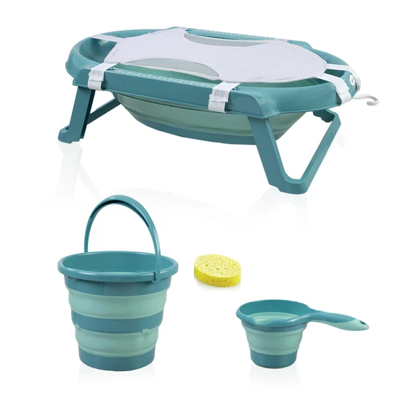Babyjem Katlanır Bebek Banyo Küvet Seti 5 Parça Turkuaz (Havlu Fileli) - Resim 2